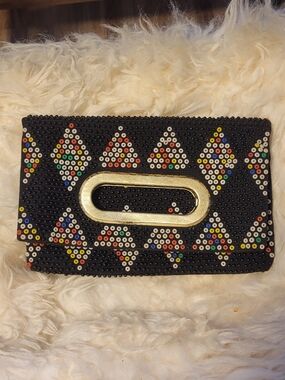 Beaded Black Vintage Multicolor Envelope Clutch with Gold Accent